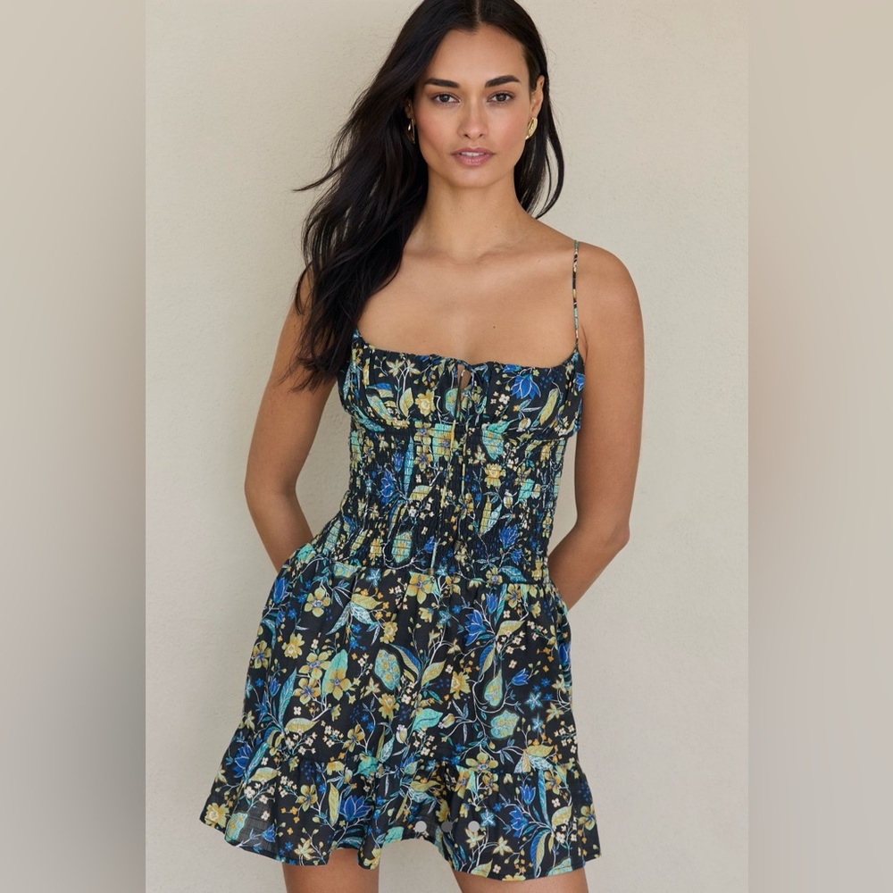 Anthropologie Black Floral Mini Dress with Blue and Yellow Print